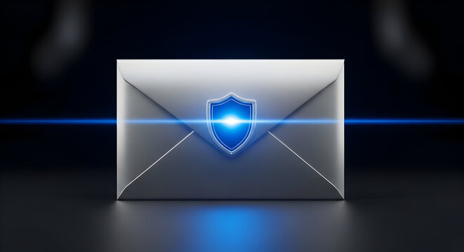 Conceptual illustration of a digital envelope secured with a shield, representing secure communication, privacy, and data protection on a dark background.