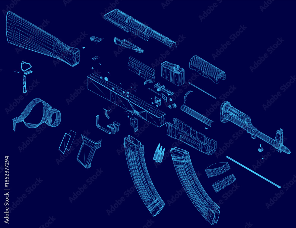 Aufkleber a detailed blueprint of a rifle on a blue background displays the intricate wireframe design and mec