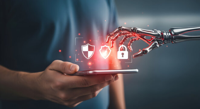 Cybersecurity concept: A person interacts with an artificial robotic hand and a phone, illustrating network security and data protection measures with digital locks. - Powered by Adobe