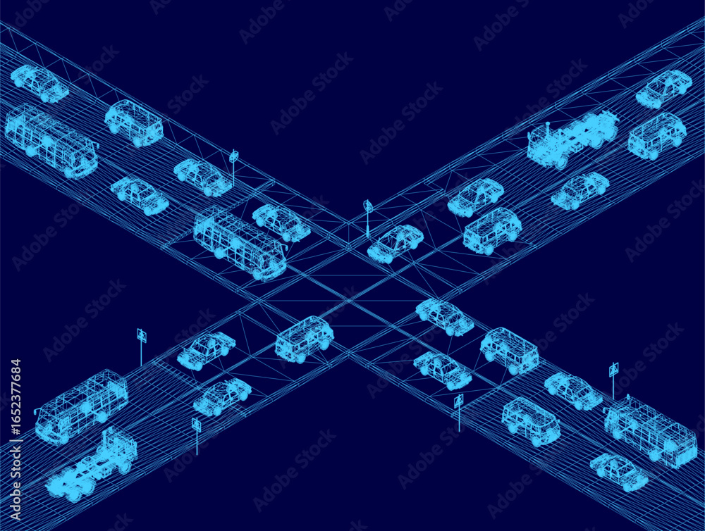 Poster a wireframe blueprint of a modern bridge with cars traversing its structure, featuring interconnecte