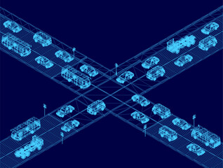 A wireframe blueprint of a modern bridge with cars traversing its structure, featuring interconnected lines and geometric shapes. The design showcases intricate engineering details against.