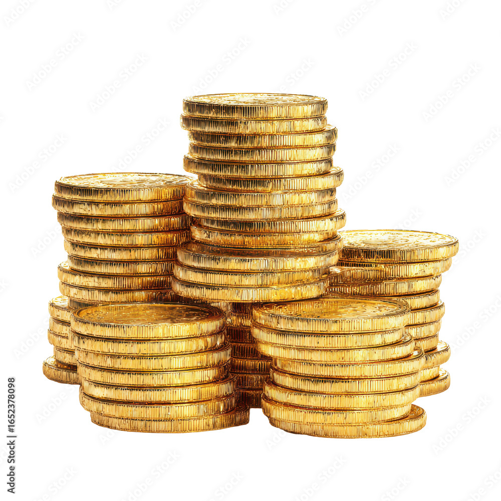 Poster stacks of shiny gold coins arranged in a vibrant display on a white background