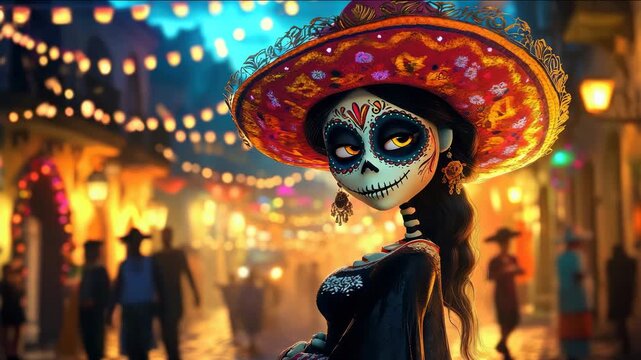 Mexican catrina at Day of the Dead festival, D&iacute;a de los Muertos, November 1, young woman with skeleton makeup, beautiful girl in carnival costume, Aztec culture, Halloween, holiday, celebration, art