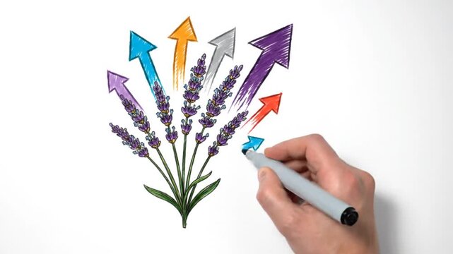 Hand draws purple arrow atop lavender