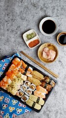 A variety of Japanese sushi, top view.