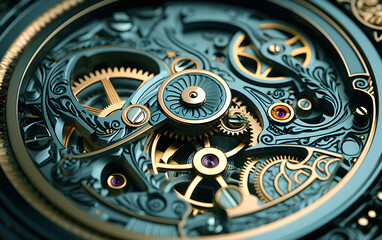 Intricate clockwork design showcasing detailed gears and mechanisms from a classic timepiece