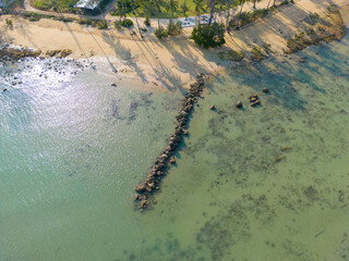 Aerial view white sand sea beach wave turquoise water