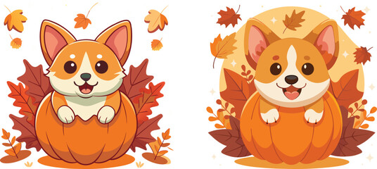 Adorable Corgi Puppies in Pumpkins Surrounded by Autumn Leaves Celebrating Fall Season Fun