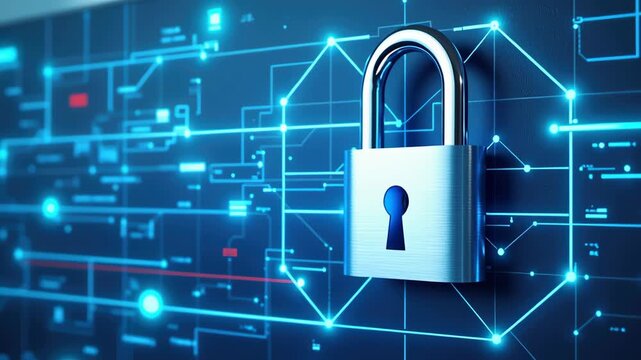 Ai driven security system with blockchain technology enhances logistics protection digital padlock glowing network
