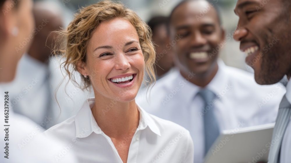 Poster group of business professionals networking in a lively office environment during a collaborative mee