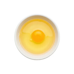 Small white ceramic bowl with pale yellow whisked raw eggs, top-down shot in a shadowless studio on transparent, precise culinary minimalism concept