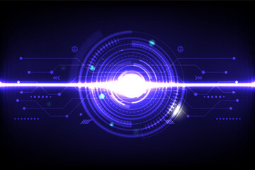 Abstract technology background featuring glowing circular interface, bright light beam, and digital communication design