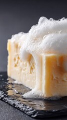 Close-Up Of Cheese With Foam On Slate Board. Gourmet Cheese Presentation With Unique Texture