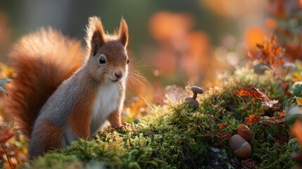 Obraz premium Squirrel In Autumn Forest Surrounded By Moss And Acorns. Nature'S Beauty In Vibrant Fall Colors