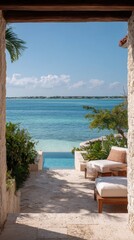 Luxurious Beachfront Patio With Infinity Pool Overlooking Turquoise Ocean. Perfect Tropical Retreat For Relaxation And Leisure