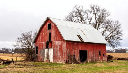 Obraz premium Weathered red barn, partially dilapidated, stands in a field under a cloudy sky