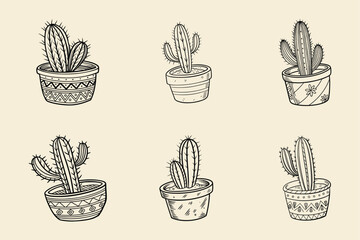 
Charming Hand-Drawn Cactus Illustrations in Decorative Pot.
