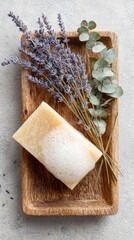 Bar Of Natural Soap With Lavender And Eucalyptus On Wooden Tray. Spa And Relaxation Concept
