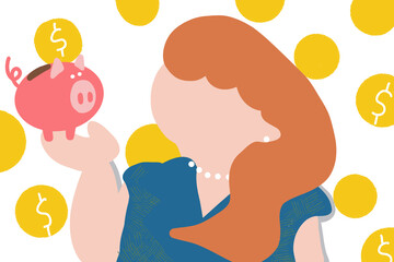 貯金箱を持つ女性のイラスト