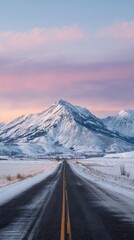 Snowy Mountain Landscape With Road Leading To Horizon At Sunrise. Serene Winter Travel Scene