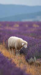 Sheep Grazing In Vibrant Lavender Field. Tranquil Rural Scene With Pastoral Beauty