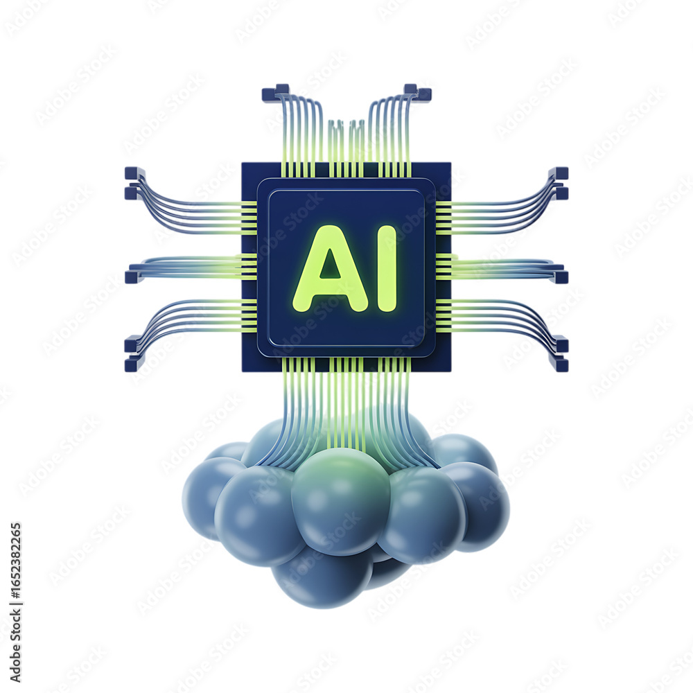 Poster ai microchip on a cloud, representing artificial intelligence and cloud computing.