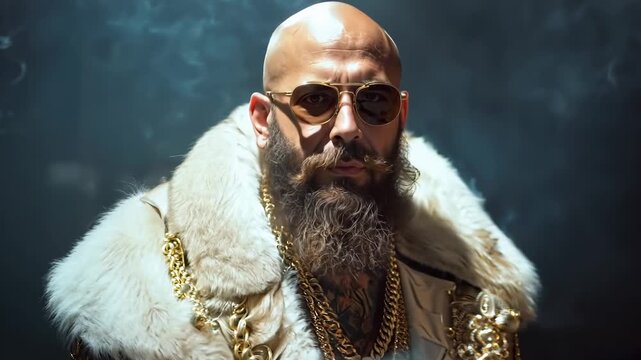 A bald man with a long beard wearing a fur coat and sunglasses