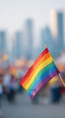 Rainbow Flag Waving At Pride Parade With City Skyline In Background. Symbol Of Lgbtq Community And Celebration Of Diversity