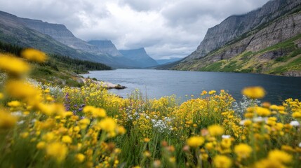 Mountain Lake Landscape With Wildflowers In Foreground. Scenic View Of Serene Nature And Vibrant Flora
