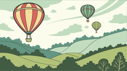 Obraz premium Illustration of hot air balloons floating over a green landscape with rolling hills and trees scenery