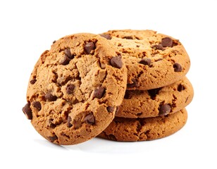 Delicious Stack of Chocolate Chip Cookies Isolated on White Background, Bakery Treat