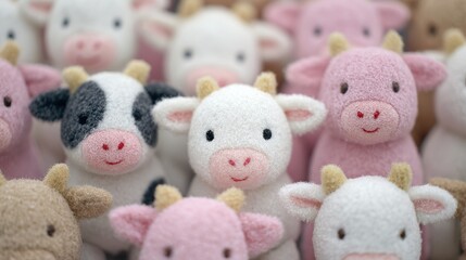 Plush Toy Cows In Various Colors Displayed Together. Cute And Soft Animal Figurines For Kids