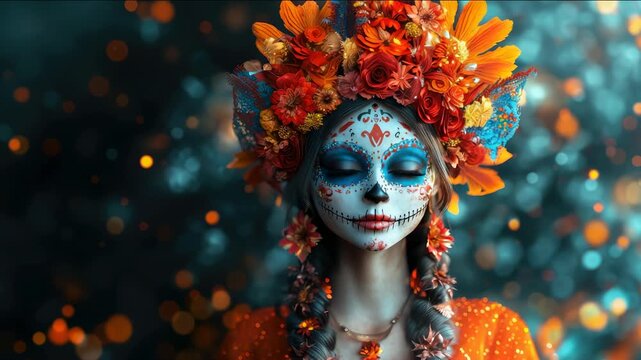 Mexican catrina at Day of the Dead festival, D&iacute;a de los Muertos, November 1, young woman with skeleton makeup, beautiful girl in carnival costume, Aztec culture, Halloween, holiday, celebration, art
