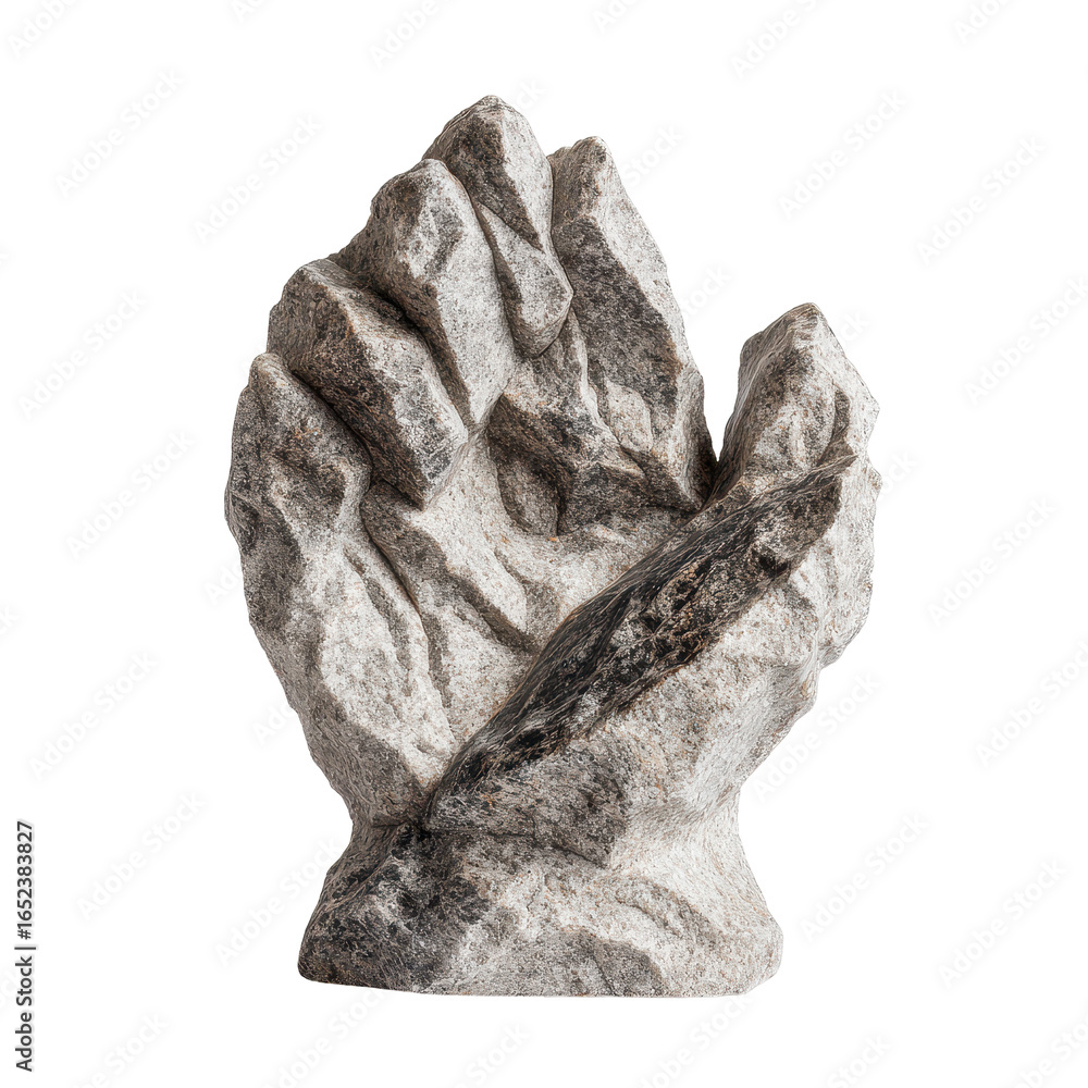 Poster stone hand sculpture symbolizing strength and unity displayed in a contemporary art gallery setting 