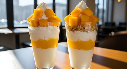 A creamy mango yogurt parfait layered with freshness, a true symbol of summer joy.