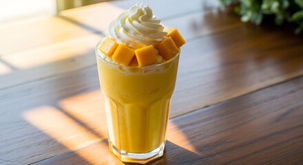 A creamy chilled mango shake, the perfect combination of coolness and sweetness.