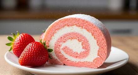 A sweet and dreamy cake presentation enhanced with powdered sugar dusting and fresh fruits.