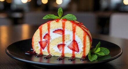 A chic caf&eacute;-style dessert plate showcasing a beautifully garnished strawberry roll cake.