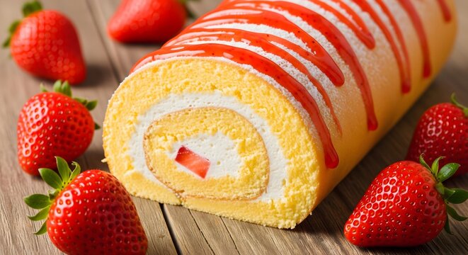 A delicious swiss roll cake featuring layers of red velvet sponge and cream, enhanced with fresh strawberries on a wooden background.
