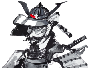 Illustration of a military commander wearing armor and a helmet, drawn with a brush. Handwritten style. Brush. Japan. Japanese style. Warring States period.