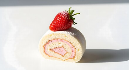 A minimalist food photography style highlighting the textures and colors of strawberry roll cake.