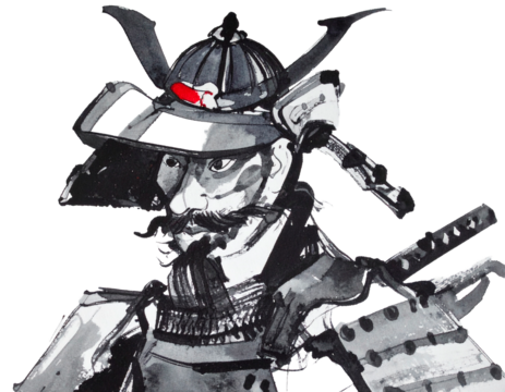 Illustration of a military commander wearing armor and a helmet, drawn with a brush. Handwritten style. Brush. Japan. Japanese style. Warring States period.