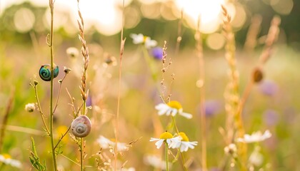 Snails in wildflowers at sunset