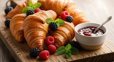 Golden croissants on a wooden cutting board, garnished with fresh raspberries, blackberries, mint leaves, and a small bowl of raspberry jam.
