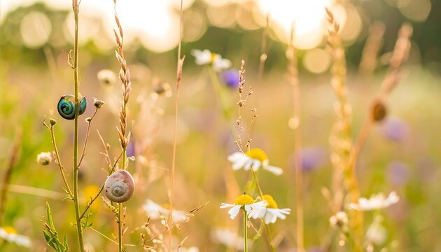 Snails in wildflowers at sunset