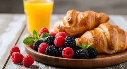 Croissants with raspberries, blackberries, and mint leaves on a wooden platter, accompanied by a glass of orange juice in the background.