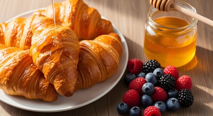 Golden croissants and fresh berries arranged on a rustic surface, with honey being drizzled over the top for a sweet touch.