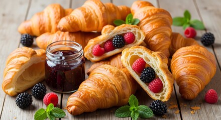 A beautifully arranged breakfast scene with golden croissants, fresh raspberries, blackberries, mint leaves, and a jar of fruit jam.