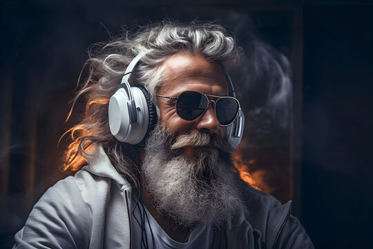 Stylish man with long gray hair and beard wearing headphones and sunglasses enjoys music in a modern setting - Powered by Adobe