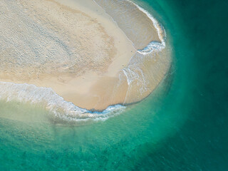 Aerial view white sand sea beach wave turquoise water